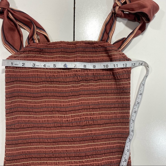 Storia Embroidered Striped Chai Smocked Ruffle Bottom Tie Sleeves Mini Dress S - Picture 15 of 16